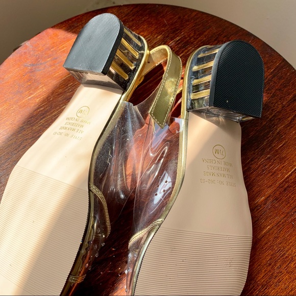 Vintage Clear & Gold PVC Lucite Block Heel Sandals - Picture 2 of 8